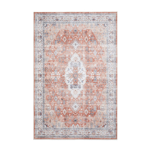 Washable Tabriz H1156 Traditional Vintage Distressed Medallion Border Polyester Flatweave Terracotta Rug