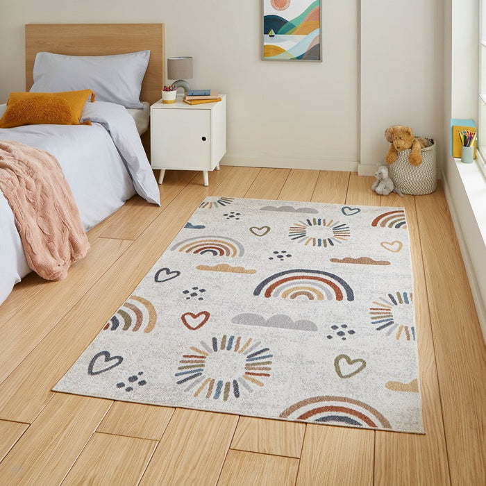 Washable Vida Kids Rainbow Sun Flatweave Multicolour Rug