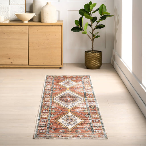 Washable Vintage Faded Area Rug in Brick Color