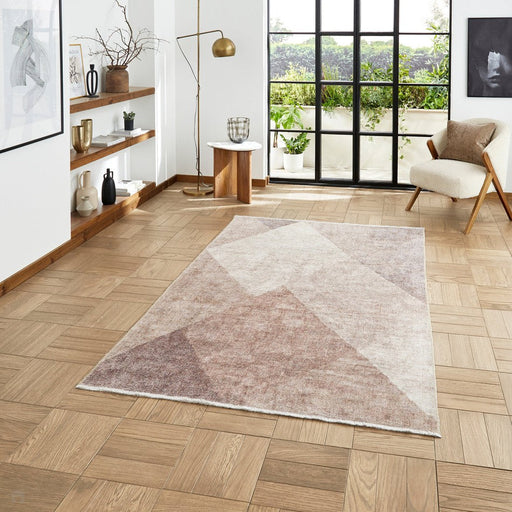 Washable Whisper H1065 Modern Abstract Textured Soft-Touch Printed Polyester Flatweave Beige/Brown Rug