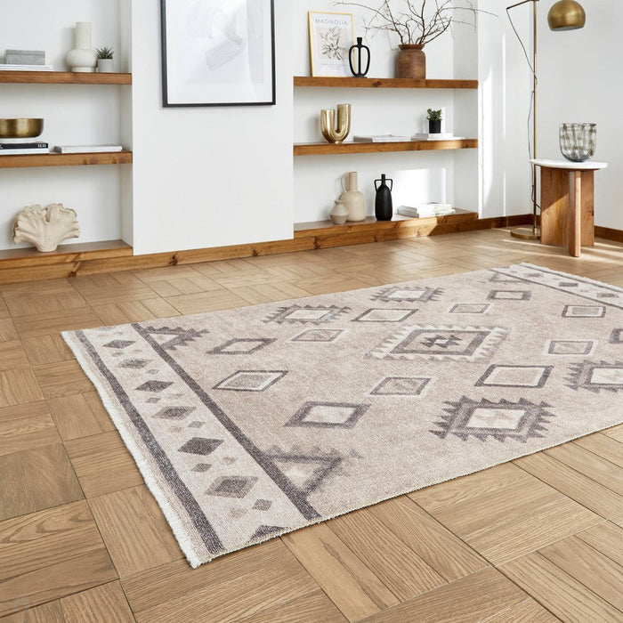 Washable Whisper H1066 Modern Abstract Textured Soft-Touch Printed Polyester Flatweave Beige Rug