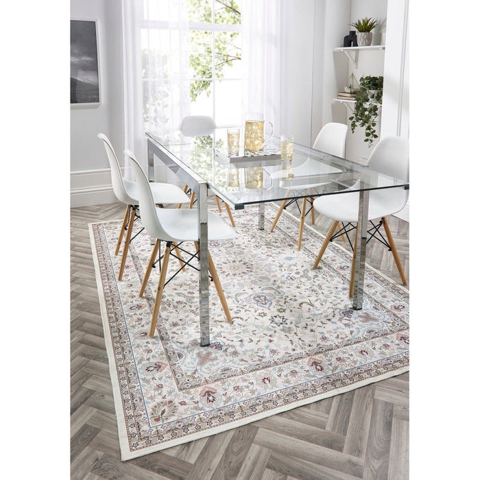 Washable Windsor Traditional Floral Border Flatweave Natural Rug