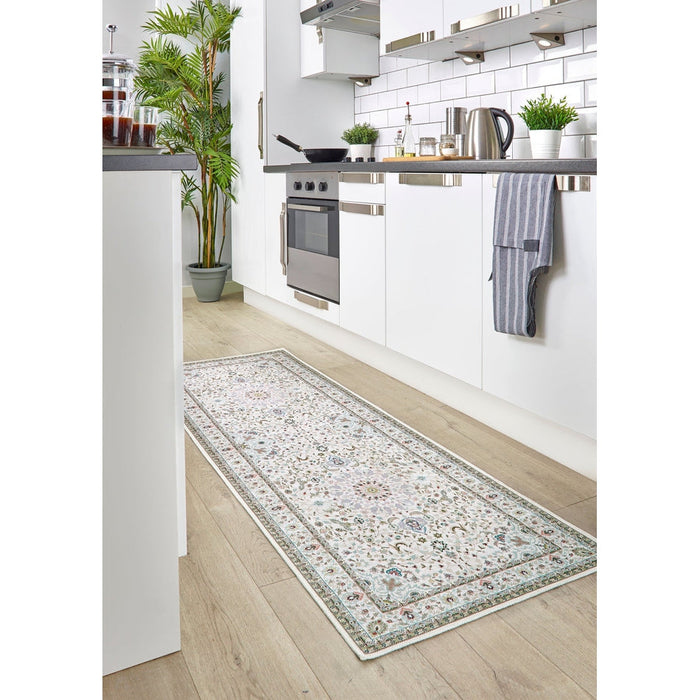 Washable Windsor Traditional Floral Border Flatweave Natural Rug