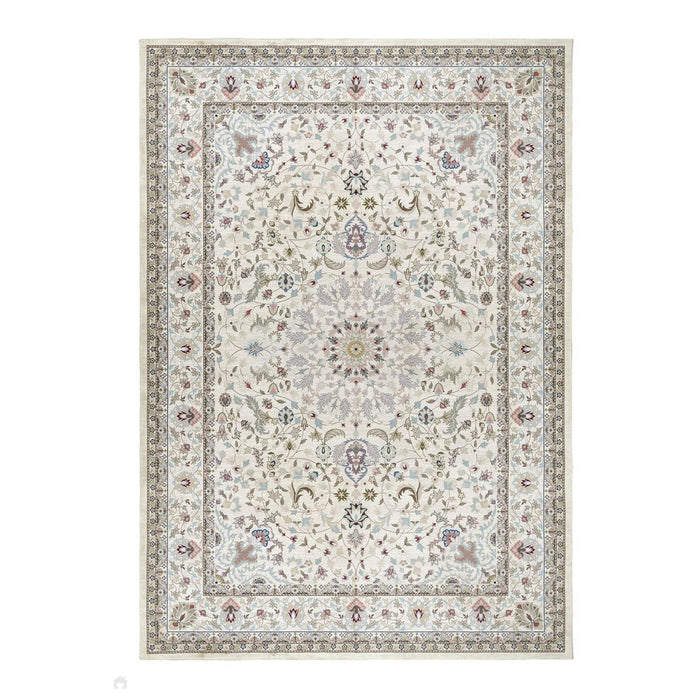 Washable Windsor Traditional Floral Border Flatweave Natural Rug