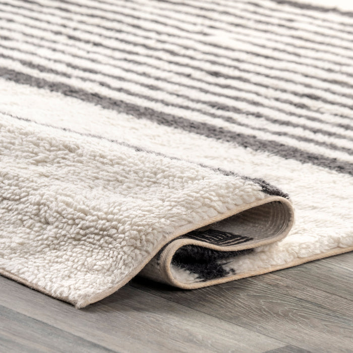 Washable Wool Striped Area Rug in Ivory Color