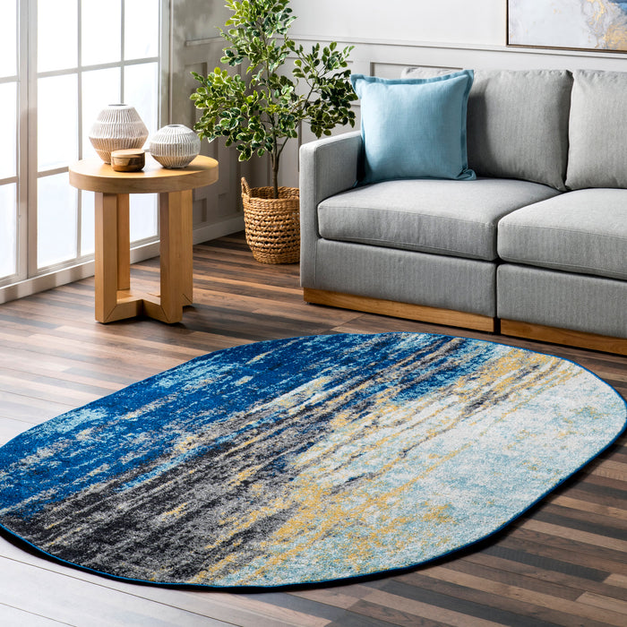 Waterfall Area Rug in Blue Tones and Teal Border