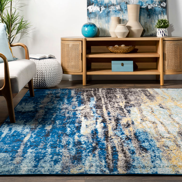 Waterfall Area Rug in Blue Tones and Teal Border