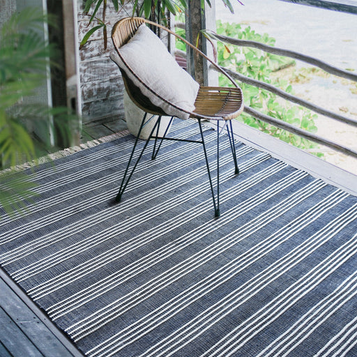 Wayne Hand-Woven PET Striped Area Rug in Blue and Ivory