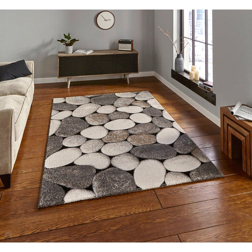 Woodland 2099 Modern Abstract Pebble Stones Cream/Grey Rug