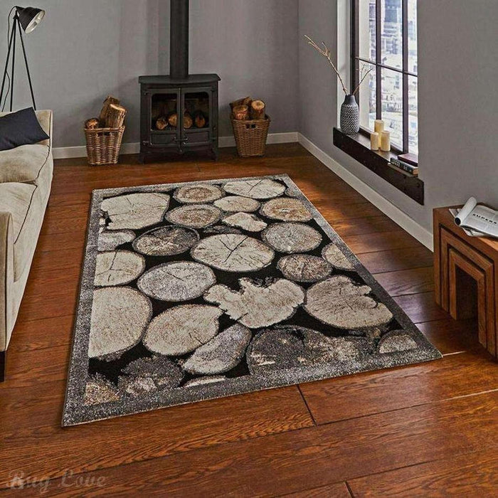 Woodland 4626 Modern Abstract Tree Trunk Logs Cream/Grey Rug