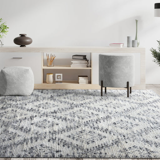 Wool Shakiso Area Rug with Grey Pattern on White Base