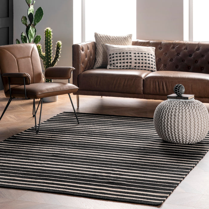 Wool Striped Area Rug Black 120cm X 180cm