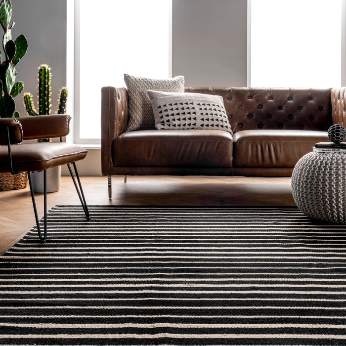 Wool Striped Area Rug Black 120cm X 180cm