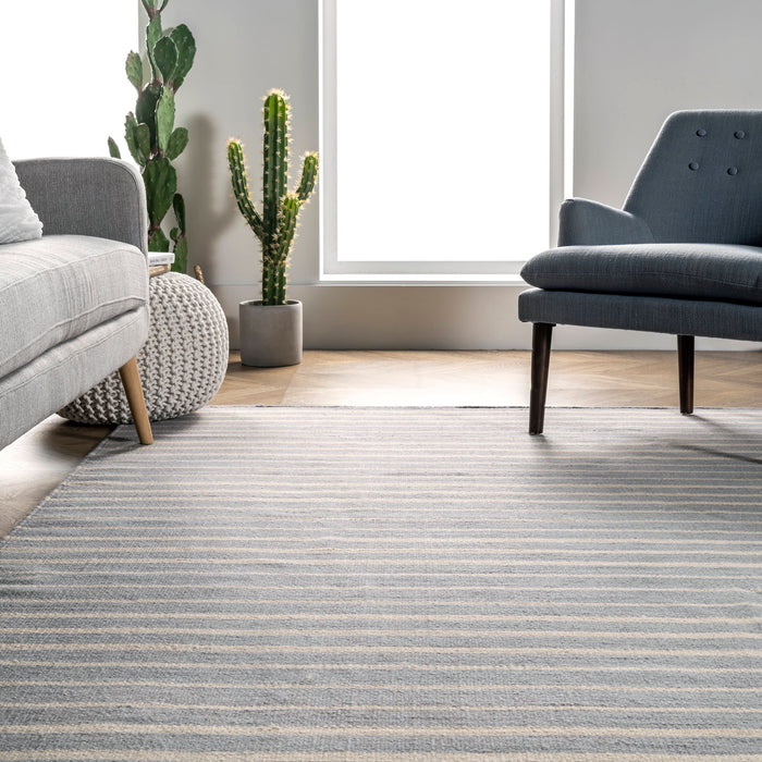 Wool Striped Area Rug in Grey for Modern Living Room Decor