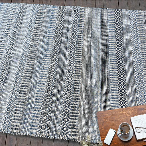 Woven Wool Denim Area Rug with Geometric Design