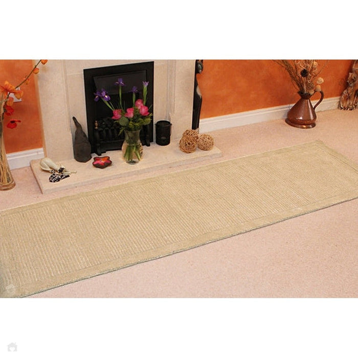 York Modern Plain Textured Subtle Ribbed Stripe Contrast Smooth Border Hand-Woven Wool Beige Rug