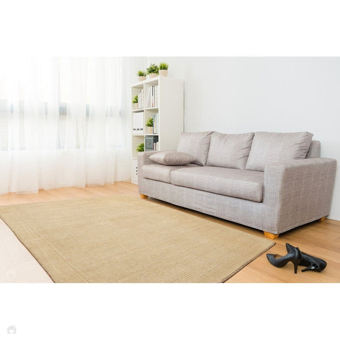 York Modern Plain Textured Subtle Ribbed Stripe Contrast Smooth Border Hand-Woven Wool Beige Rug