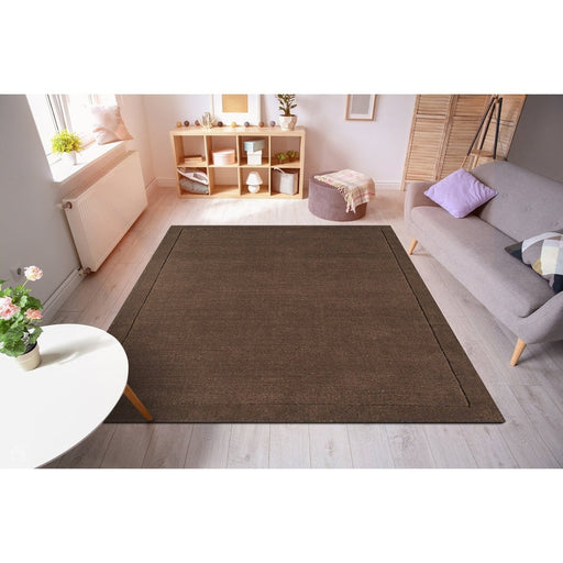 York Modern Plain Textured Subtle Ribbed Stripe Contrast Smooth Border Hand-Woven Wool Chocolate Rug