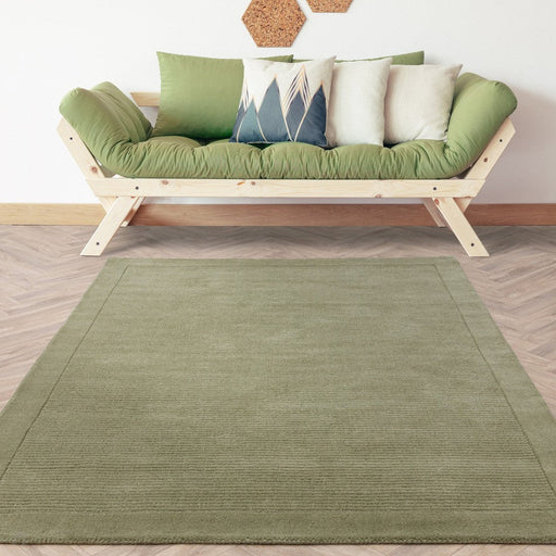 York Modern Plain Textured Subtle Ribbed Stripe Contrast Smooth Border Hand-Woven Wool Sage Green Rug