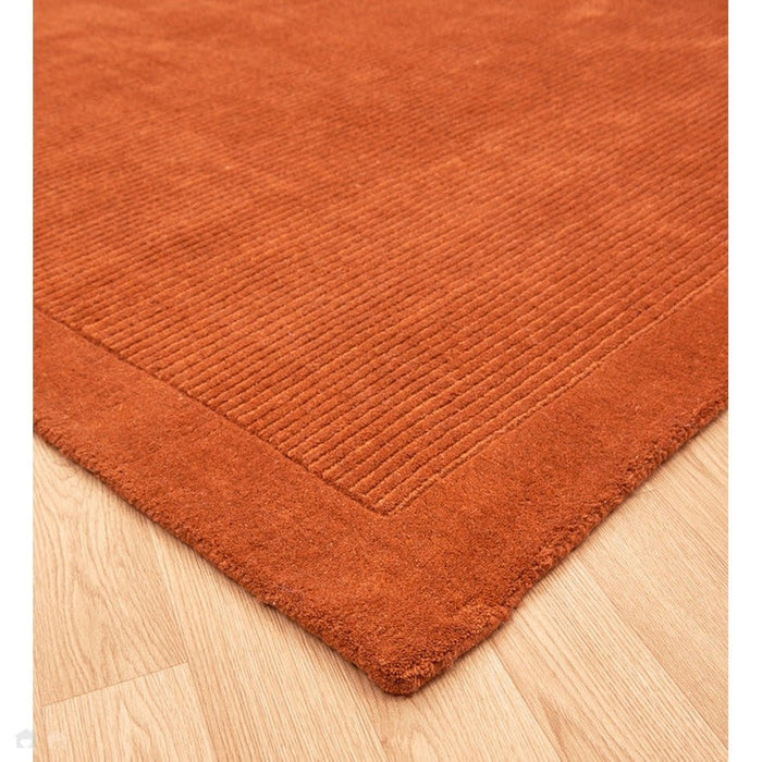 York Modern Plain Textured Subtle Ribbed Stripe Contrast Smooth Border Hand-Woven Wool Terracotta Rug