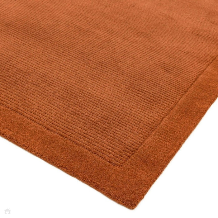 York Modern Plain Textured Subtle Ribbed Stripe Contrast Smooth Border Hand-Woven Wool Terracotta Rug