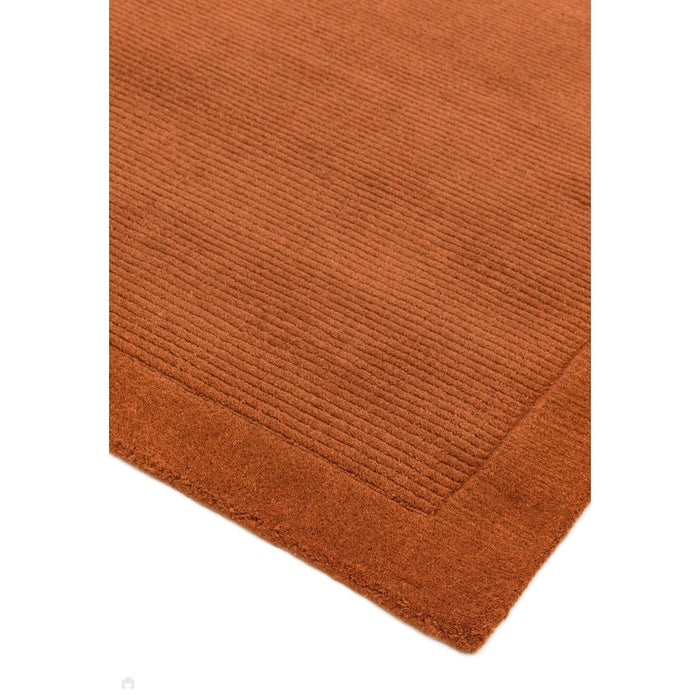 York Modern Plain Textured Subtle Ribbed Stripe Contrast Smooth Border Hand-Woven Wool Terracotta Runner