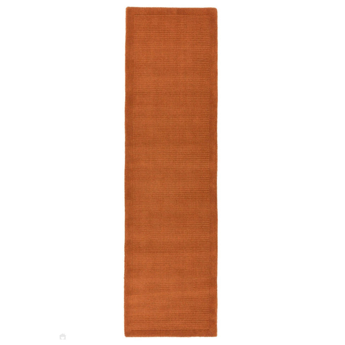 York Modern Plain Textured Subtle Ribbed Stripe Contrast Smooth Border Hand-Woven Wool Terracotta Runner