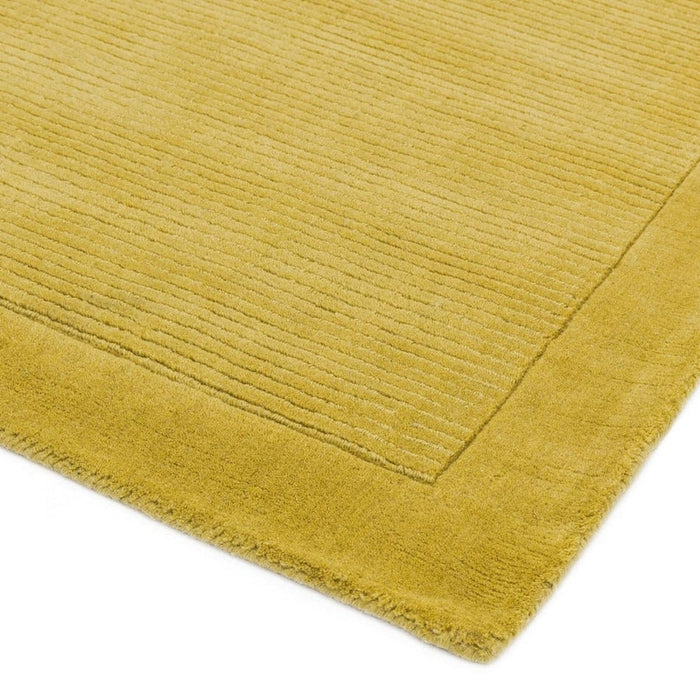 York Modern Plain Textured Subtle Ribbed Stripe Contrast Smooth Border Hand-Woven Wool Yellow Rug