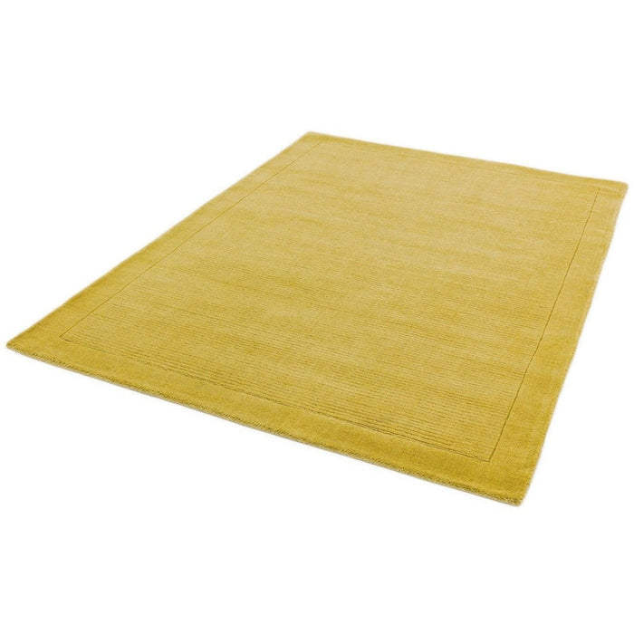 York Modern Plain Textured Subtle Ribbed Stripe Contrast Smooth Border Hand-Woven Wool Yellow Rug