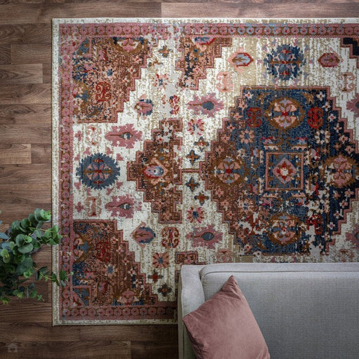 Zola Aras Traditional Persian Medallion Border Hi-Low Textured Cream/Brown/Pink/Blue/Multicolour Rug