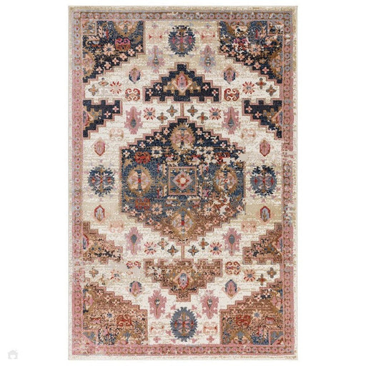 Zola Aras Traditional Persian Medallion Border Hi-Low Textured Cream/Brown/Pink/Blue/Multicolour Rug