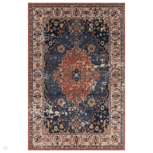 Zola Heris Traditional Persian Medallion Border Hi-Low Textured Blue/Terra/Red/Beige/Pink/Cream/Multicolour Rug