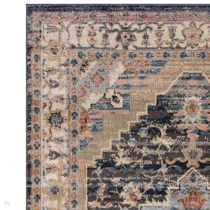 Zola Razan Παραδοσιακή περσική vintage Distreded Medallion Border Hi-Low Textured Charcoal/Pink/Beige/Gray/Cream/Multicolour Rug