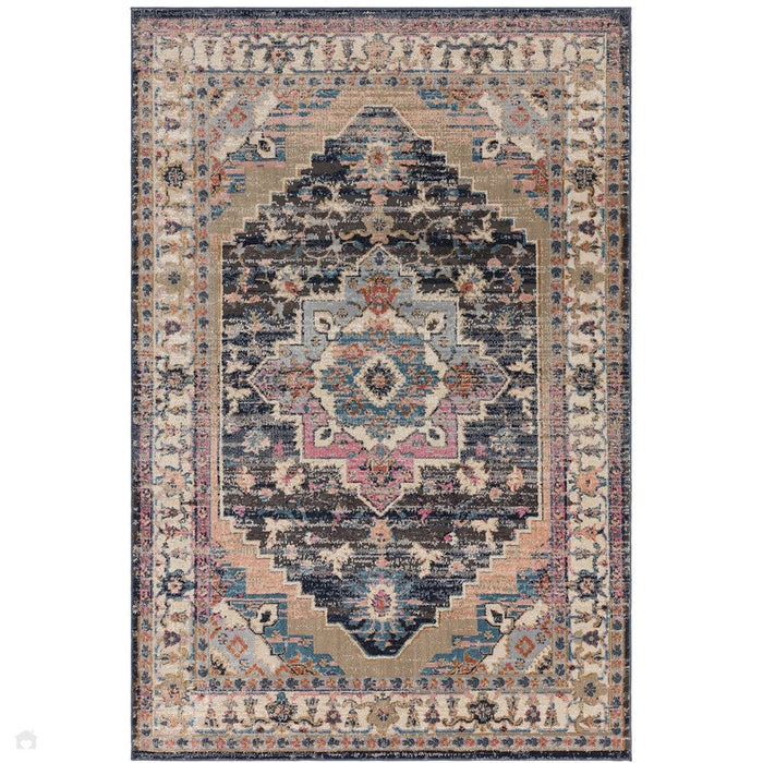 Zola Razan Παραδοσιακή περσική vintage Distreded Medallion Border Hi-Low Textured Charcoal/Pink/Beige/Gray/Cream/Multicolour Rug