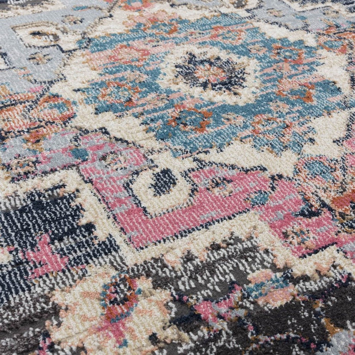 Zola Razan Παραδοσιακή περσική vintage Distreded Medallion Border Hi-Low Textured Charcoal/Pink/Beige/Gray/Cream/Multicolour Rug