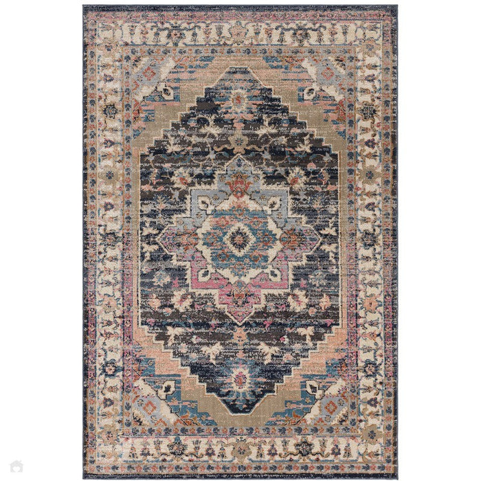 Zola Razan Παραδοσιακή περσική vintage Distreded Medallion Border Hi-Low Textured Charcoal/Pink/Beige/Gray/Cream/Multicolour Rug