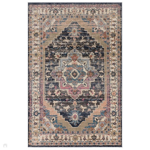 Tappeto Zola Razan tradizionale persiano vintage con bordo a medaglione invecchiato, strutturato alto-basso, antracite/rosa/beige/grigio/crema/multicolore