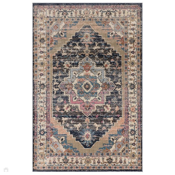 Zola Razan Παραδοσιακή περσική vintage Distreded Medallion Border Hi-Low Textured Charcoal/Pink/Beige/Gray/Cream/Multicolour Rug